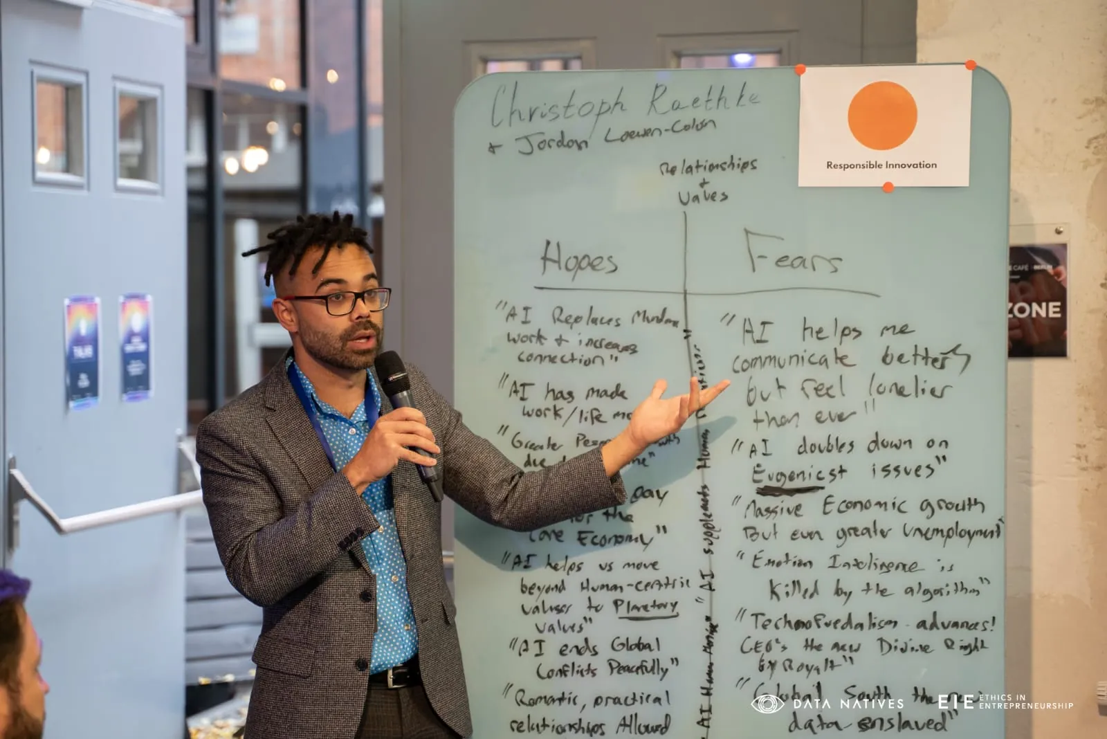 Jordan Loewen-Colón at the whiteboard during Responsible Innovation: Hopes & Fears at Data Natives Berlin.
